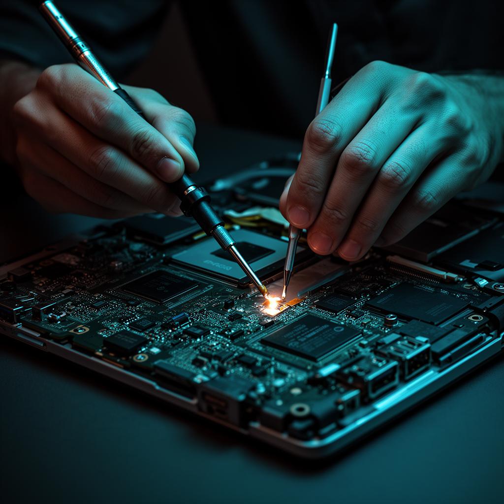 Technician soldering a port